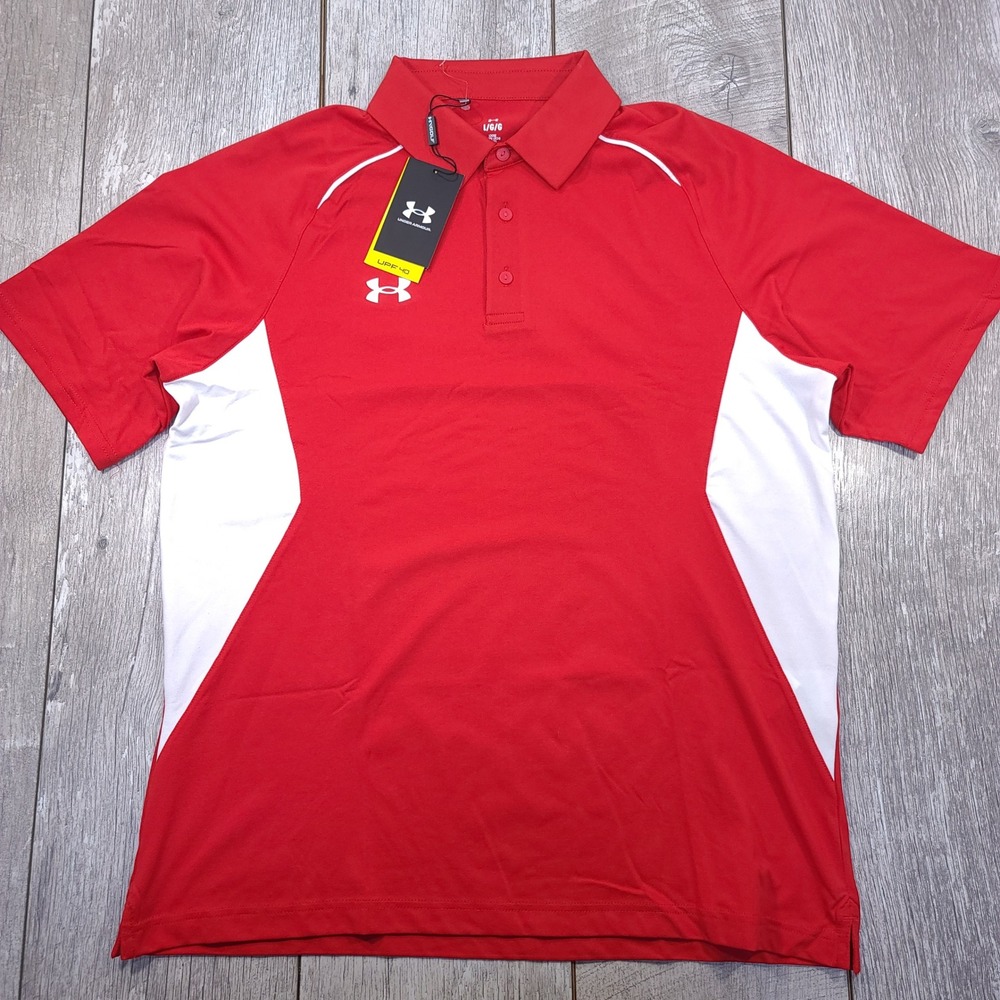 Under Armour Golf Polo Shirt Mens Large Red White Short Sleeve UPF 40 Top
